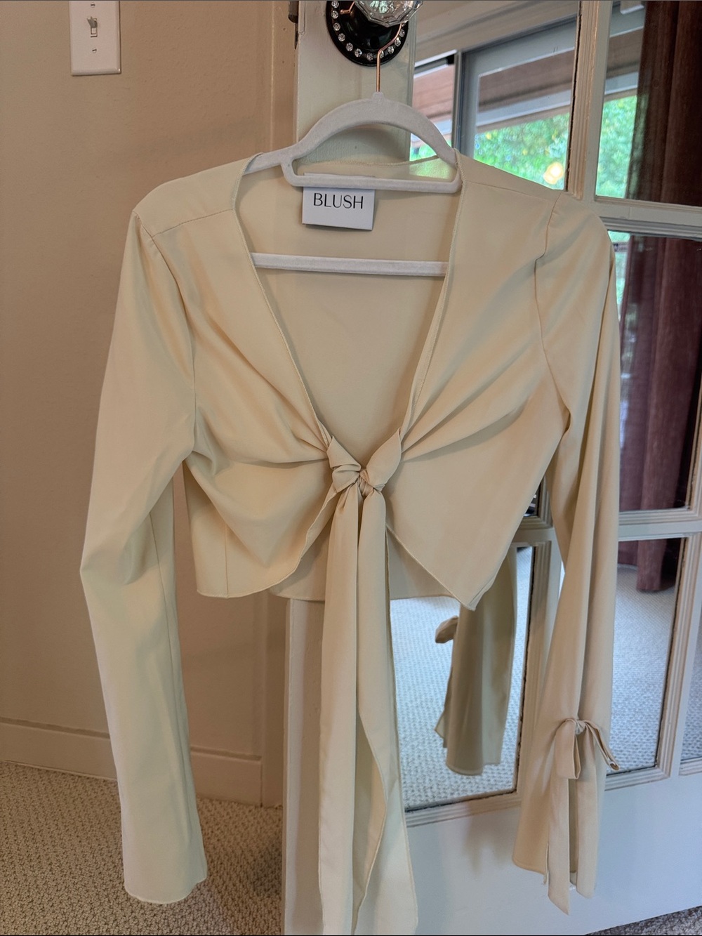 NWOT Blush Boutique Cream Tie-Front Long Sleeve Crop Top